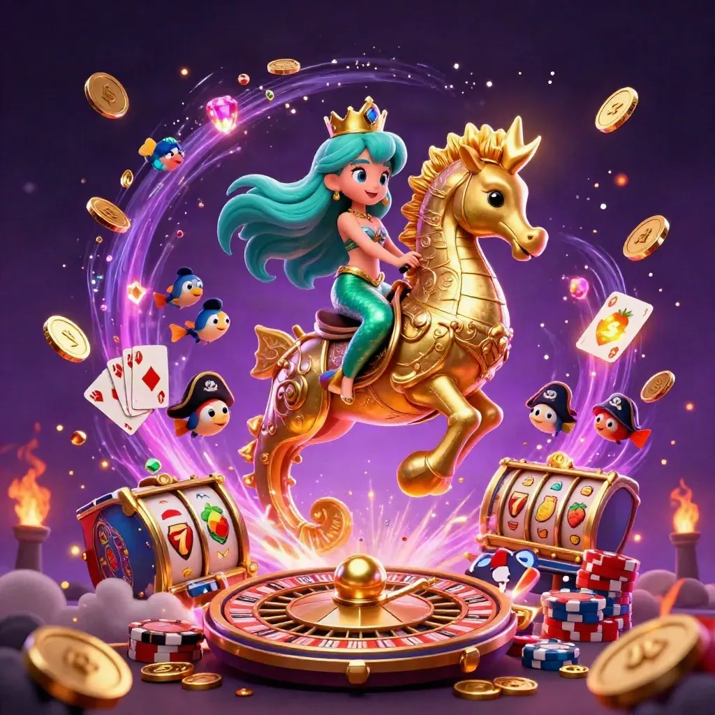Mermaid princess on armored seahorse with coins, gems, cards, reels, chips, and neon casino magic.