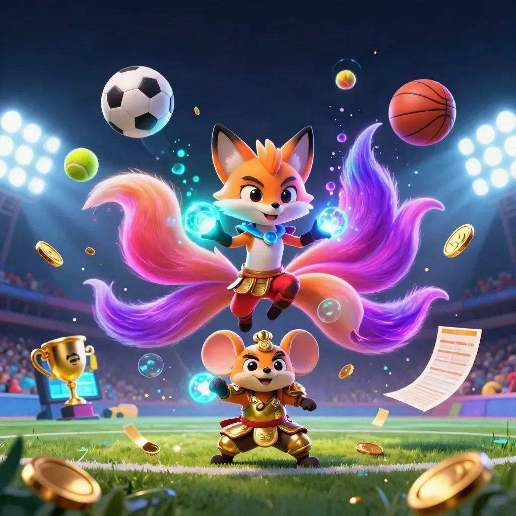 Neon fox spirit and gold-armored mouse amid flying sports balls, coins, trophy and stadium lights.