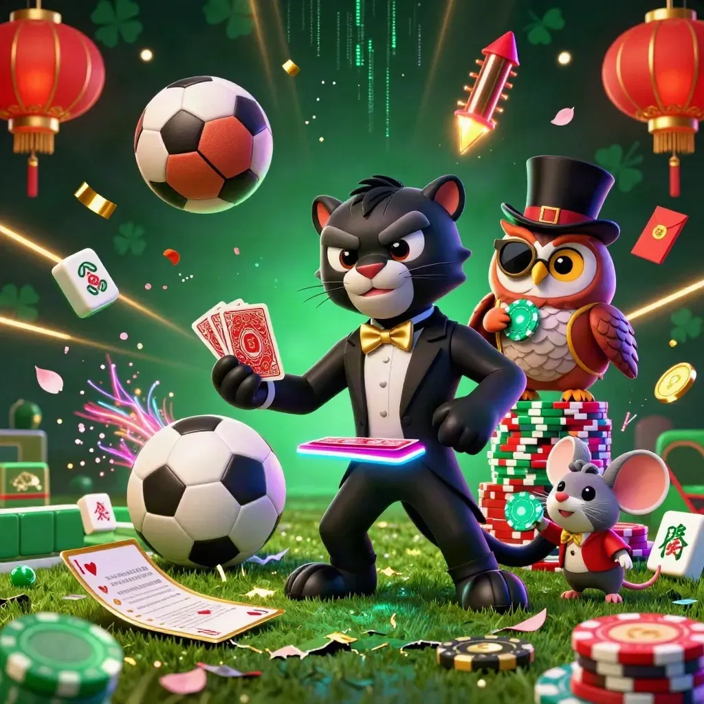 Panther, owl, and mouse amid flying sports balls, chips, coins, and neon casino effects.