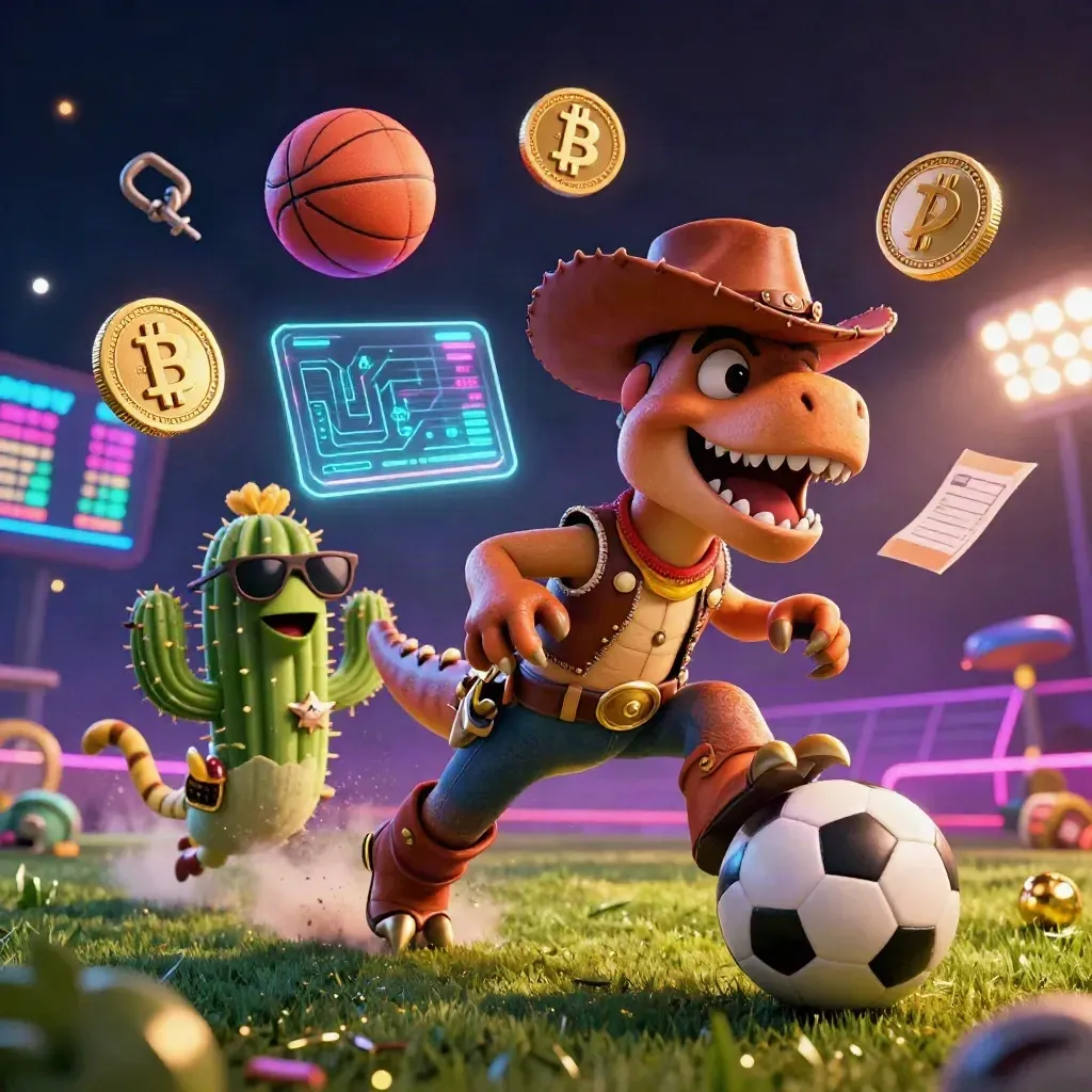 Ground-level neon key art of a cowboy T-Rex, cactus and roadrunner amid flying balls and crypto coins.