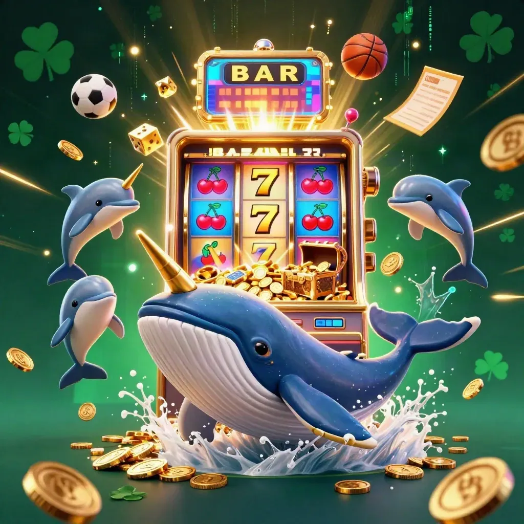 Whale captain, narwhal, dolphins, slot burst, coins, sports balls, gold, neon casino glow