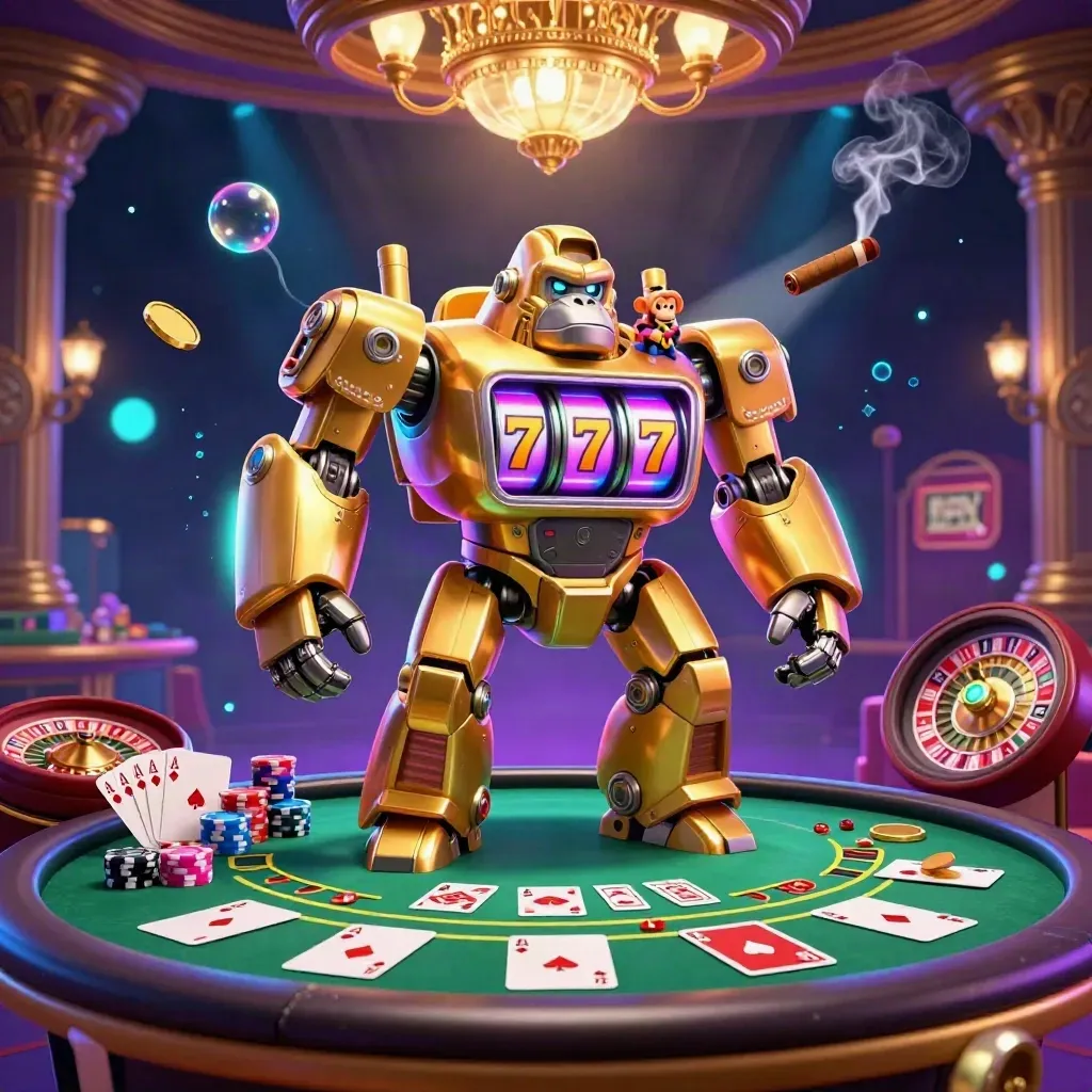 Golden gorilla mech at a luxe casino table with chips, cards, and neon glow.