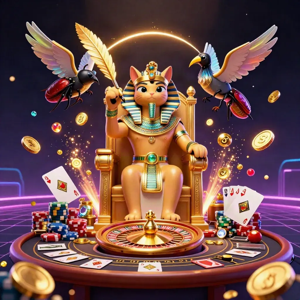 Pharaoh cat and ibis scribe amid spinning roulette, gold coins, gems, and neon casino glow.