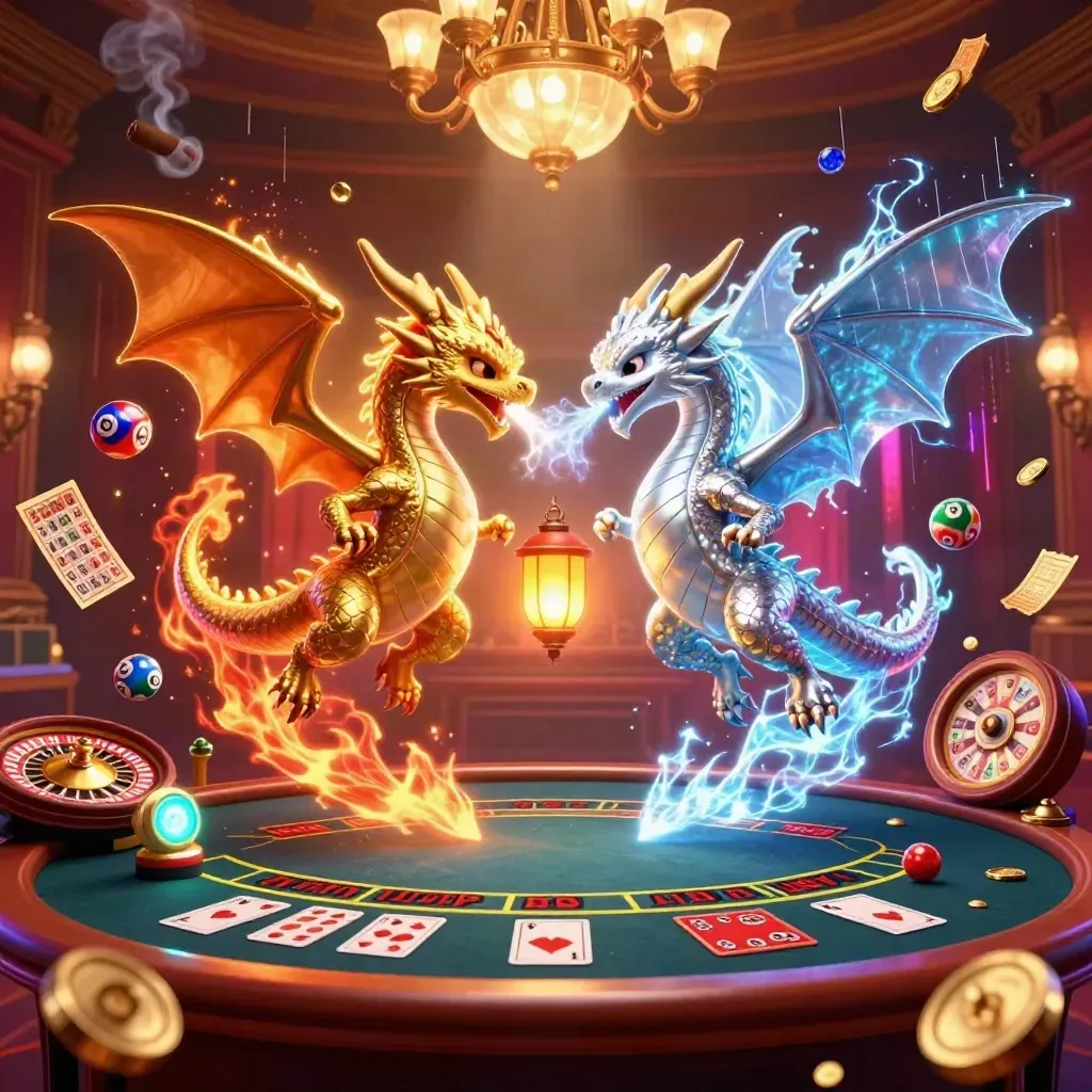 Twin gold and silver dragons spiral amid casino lights, lottery balls, prize wheel, gems, and glowing brass elegance.