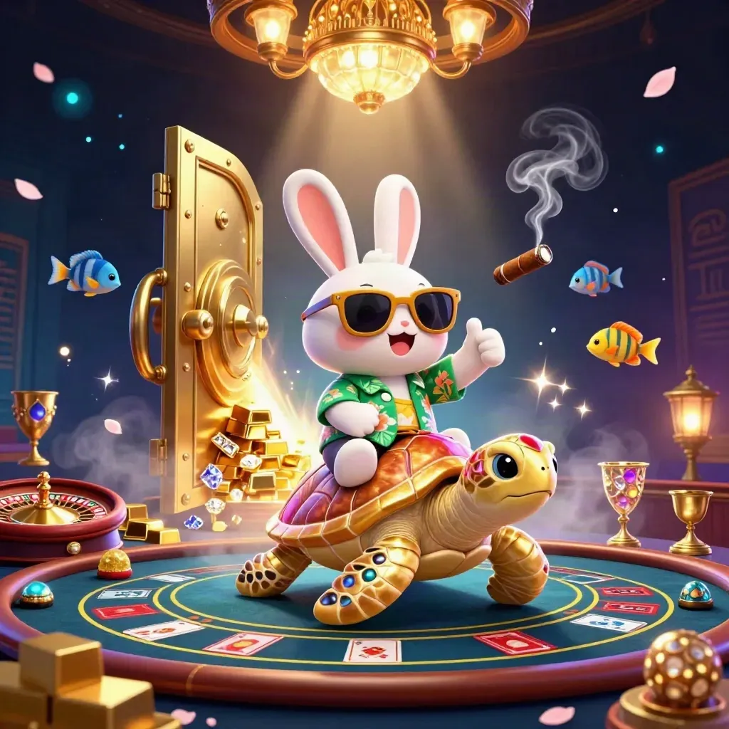 Lucky rabbit rides a gold sea turtle through a glowing vault casino scene with treasure and neon magic.