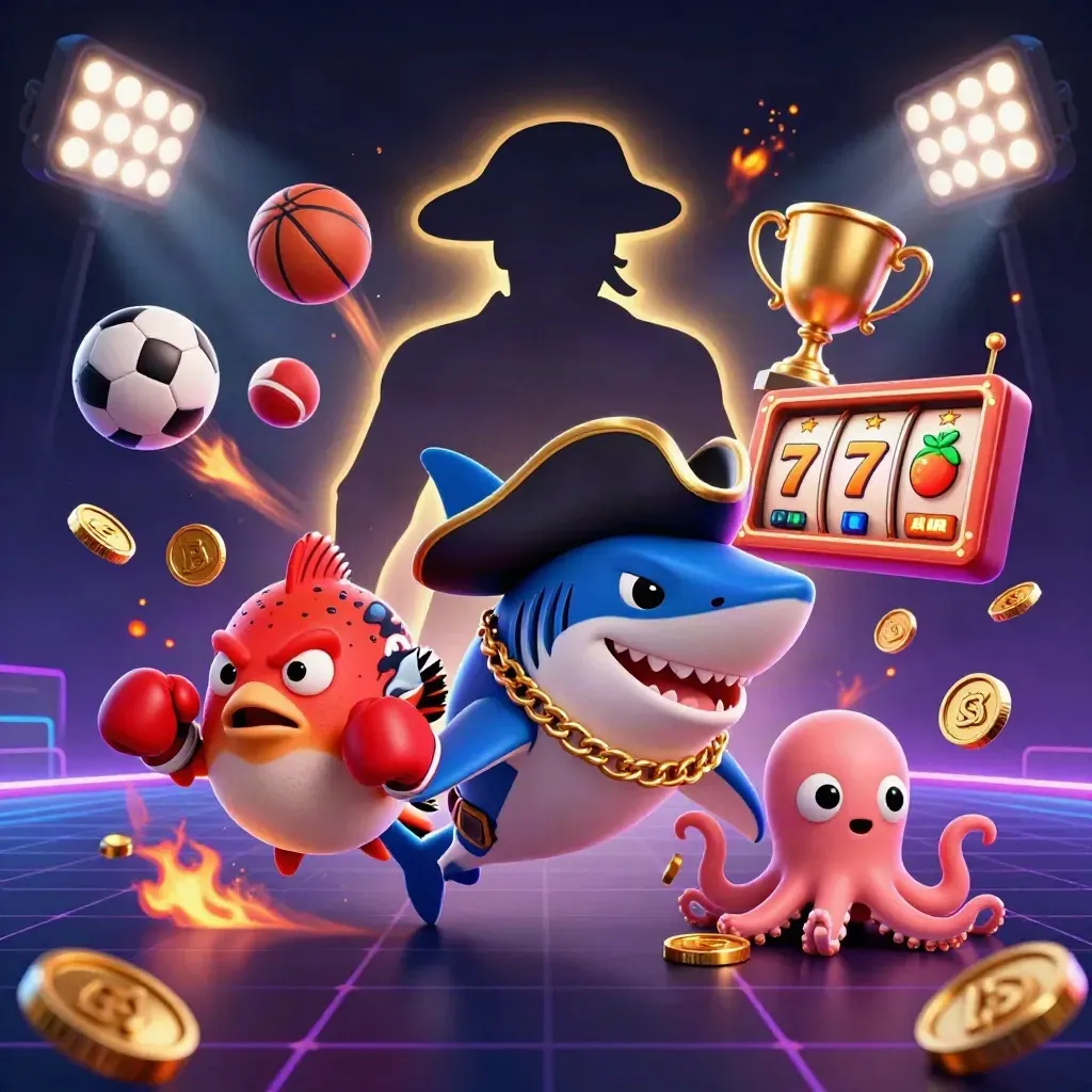 Pirate shark, red pufferfish, and baby octopus amid gold coins, sports balls, and neon casino light