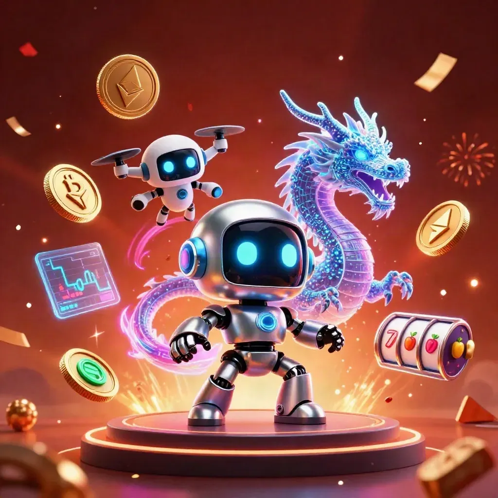 Chrome robot, holographic dragon and coin drone amid coins, lightning, confetti and neon magenta bursts.