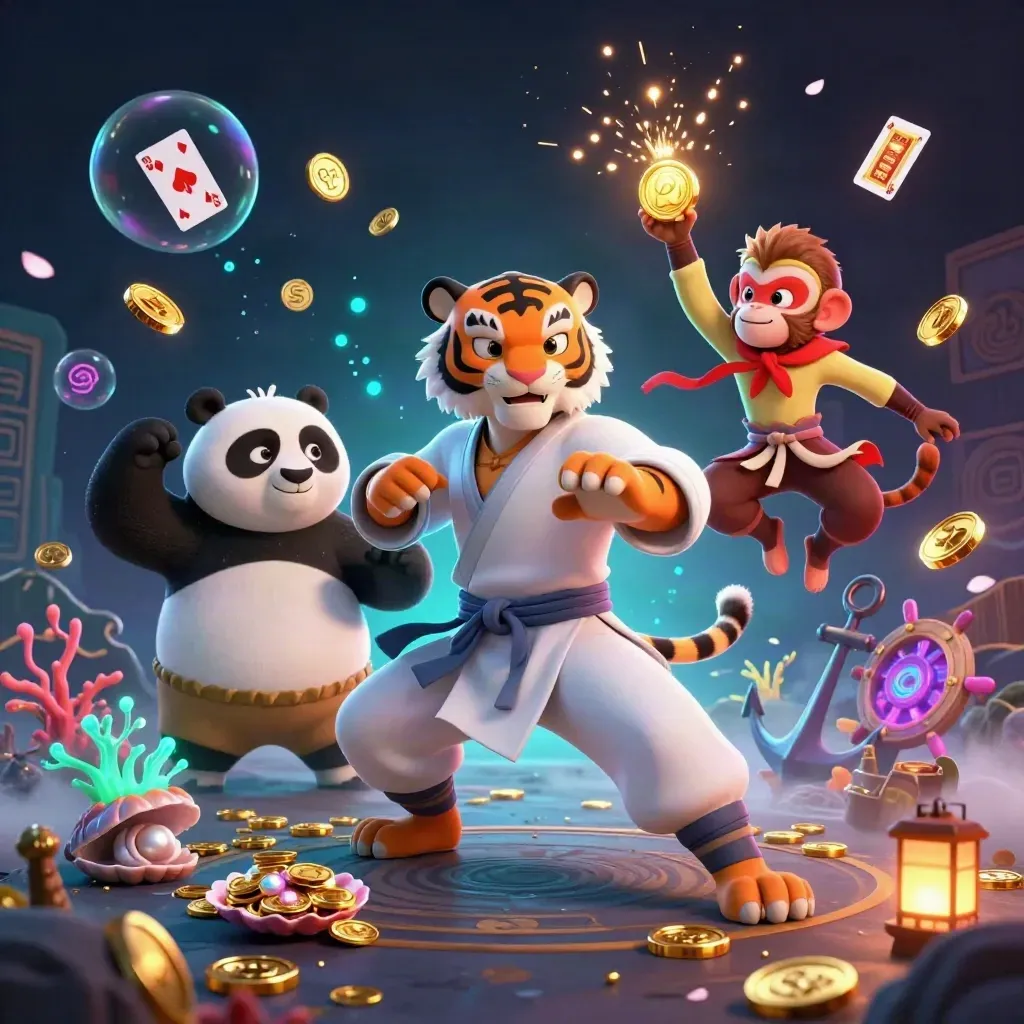 Kung-fu tiger, panda, and monkey in a treasure cove with coins, coral, and glowing casino effects.