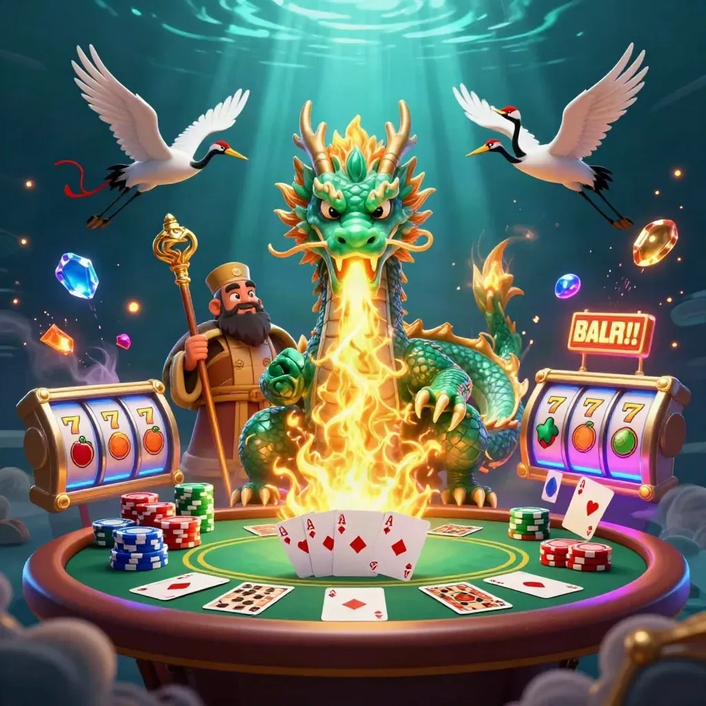 Emerald dragon, turtle sage and cranes amid underwater casino treasure bursts and golden fire