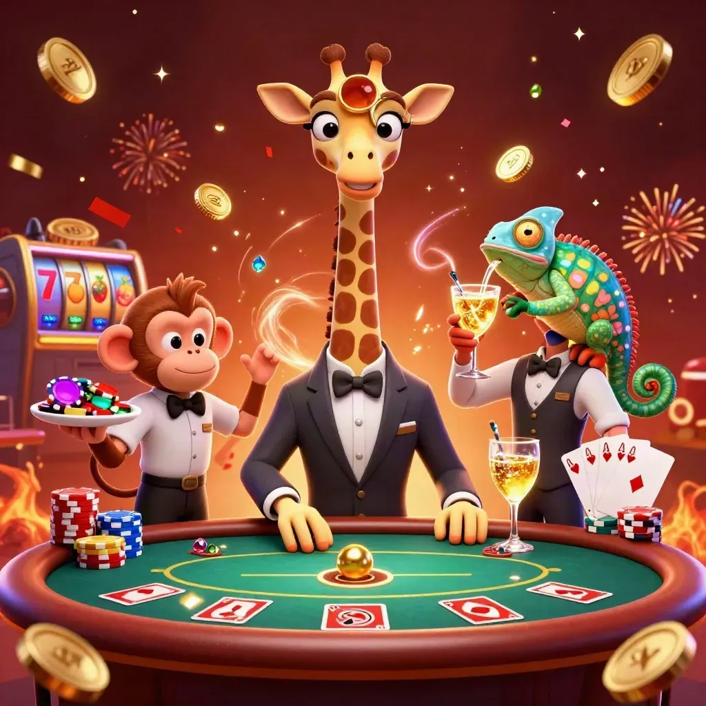 Luxury casino trio at a VIP table amid gold coins, gems, roulette, chips, and neon spark effects.