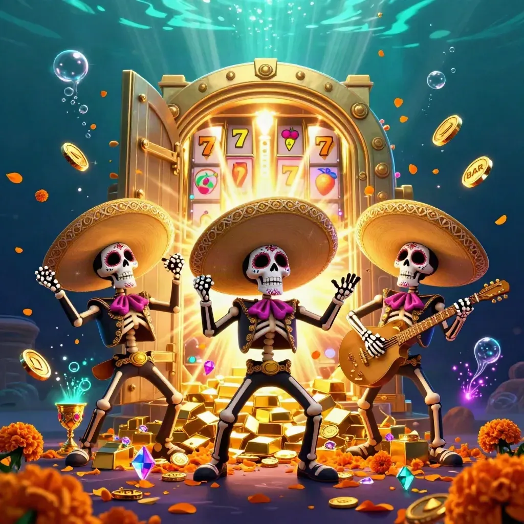 Skeleton mariachi trio blasts open a golden vault amid neon coins, gems, bubbles, and fireworks.