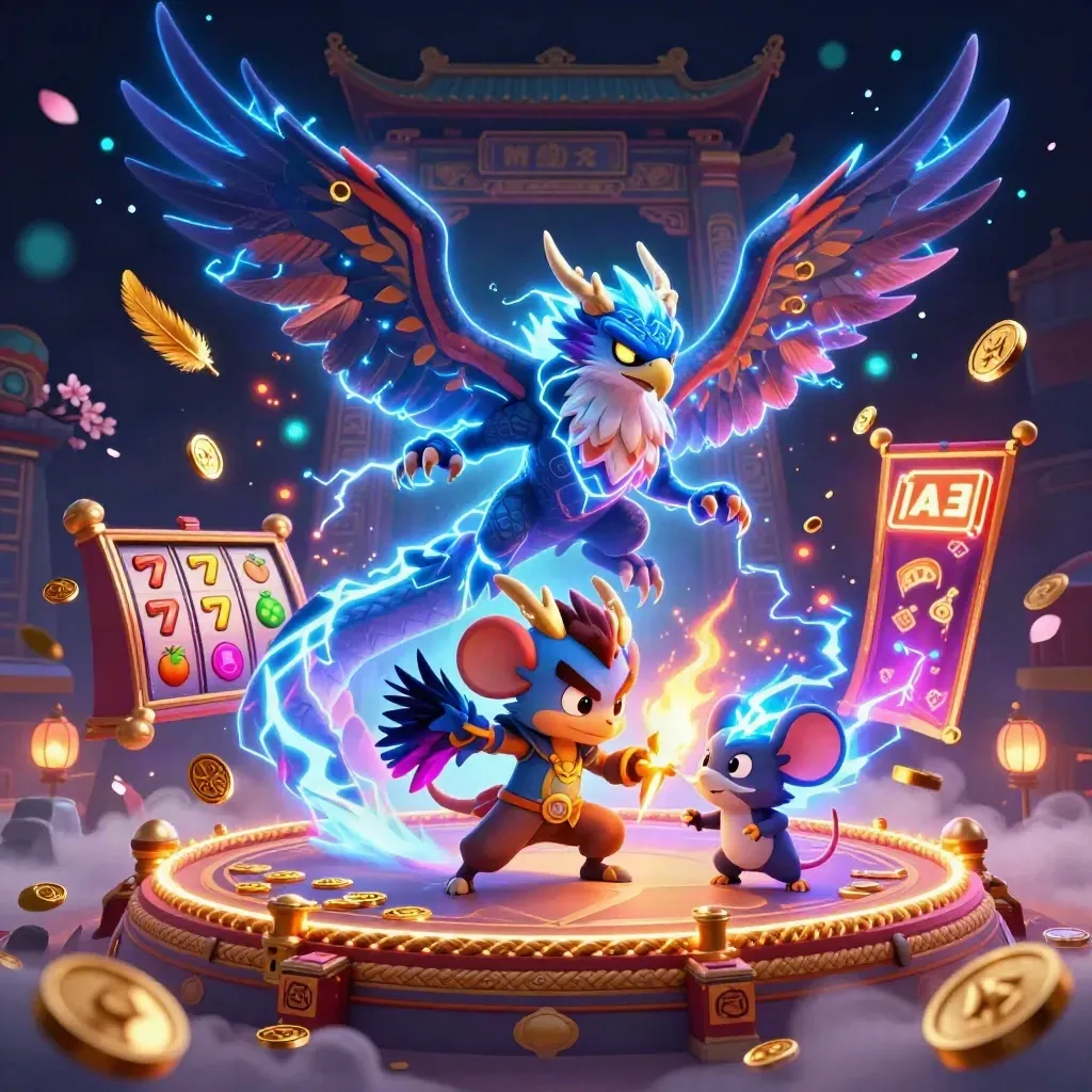 Thunder dragon, wind hawk, and static mouse amid casino magic and lightning