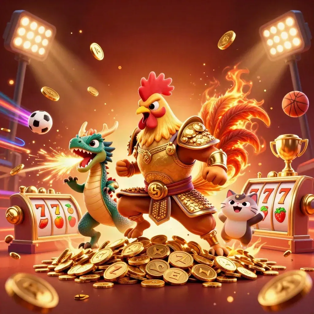 Rooster warrior, dragon hatchling and fortune-cat amid coins, reels, trophies and casino fireworks.
