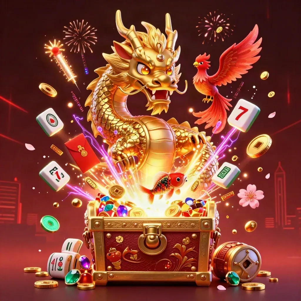 Golden dragon, phoenix, and koi bursting from treasure with coins, fireworks, and casino symbols.