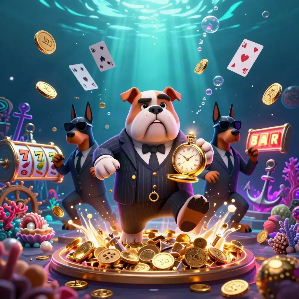 Bulldog boss with two Dobermans in an underwater treasure vault, coins, coral, reels, and neon glow.