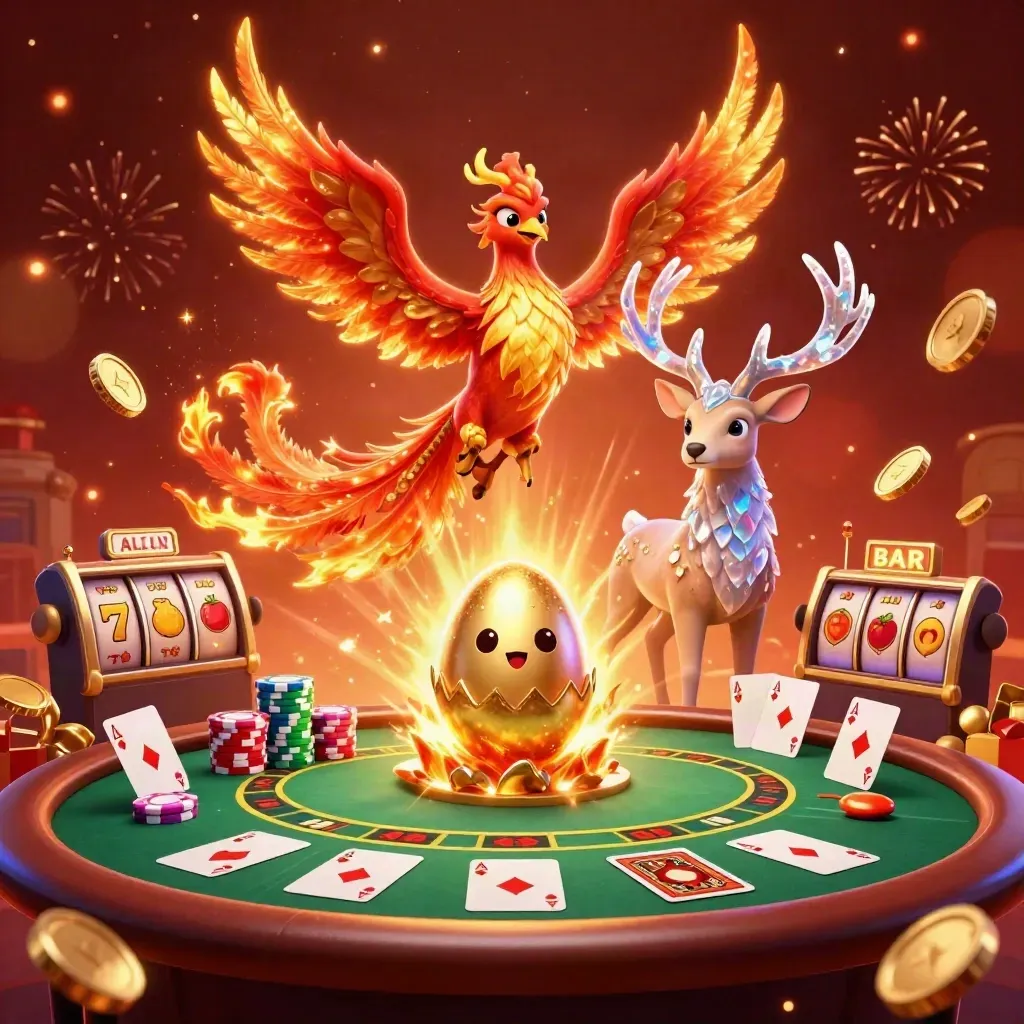 Phoenix trio over coin vault chaos with chips, aces, reels, fireworks and casino glow