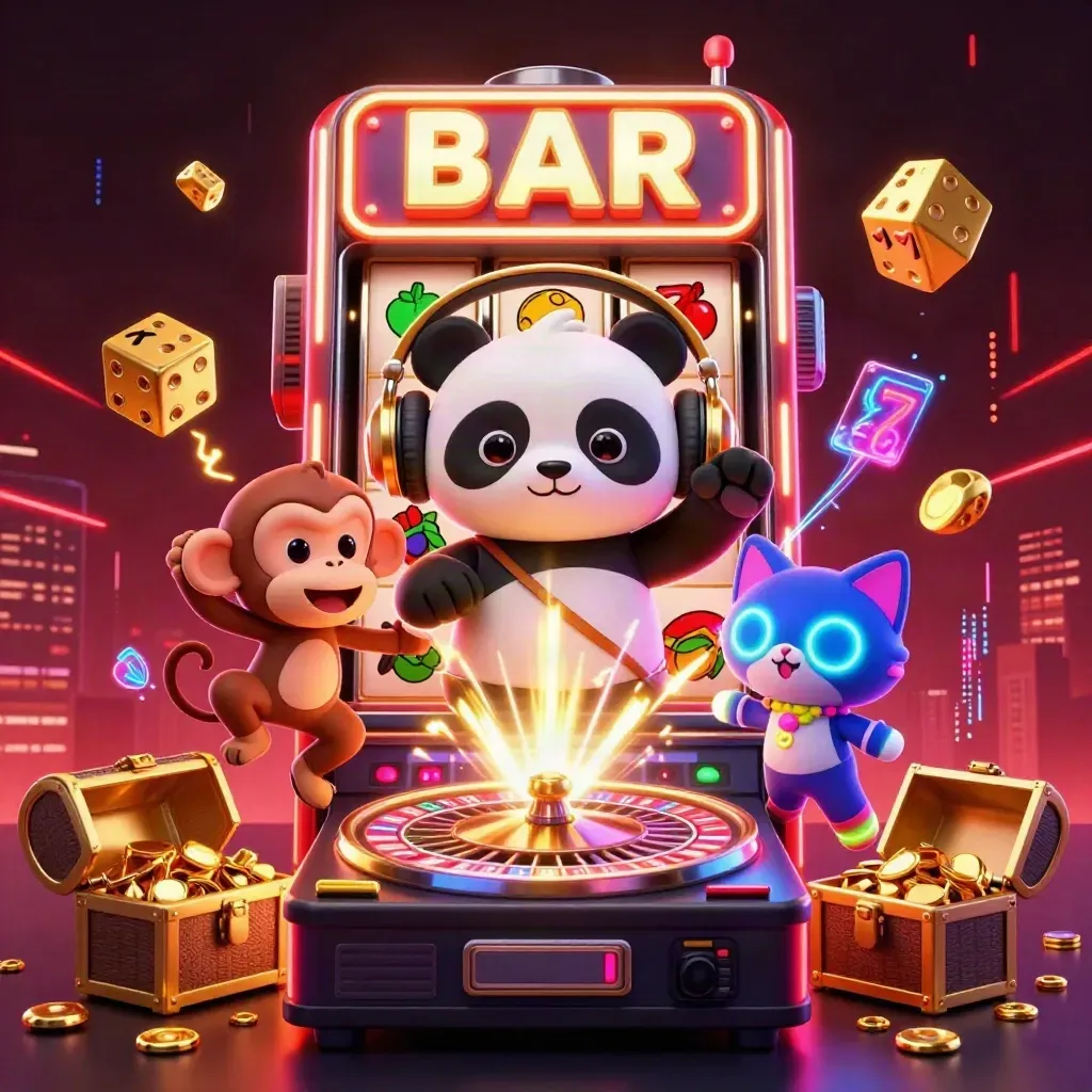 DJ panda, breakdancing monkey and glow-stick kitten around a bursting slot machine with jackpot glow.