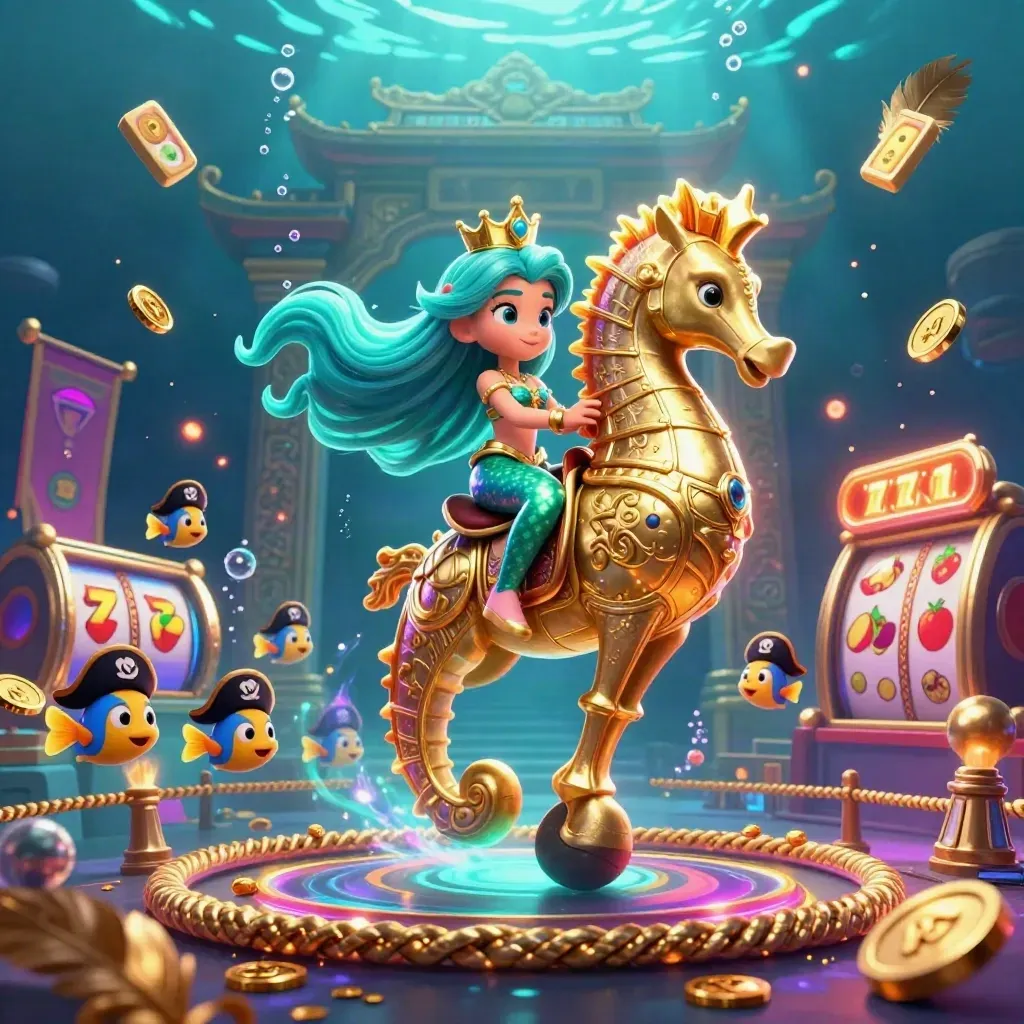 Mermaid princess riding armored seahorse amid pirate fish, coins, reels, temple gate, and neon underwater glow