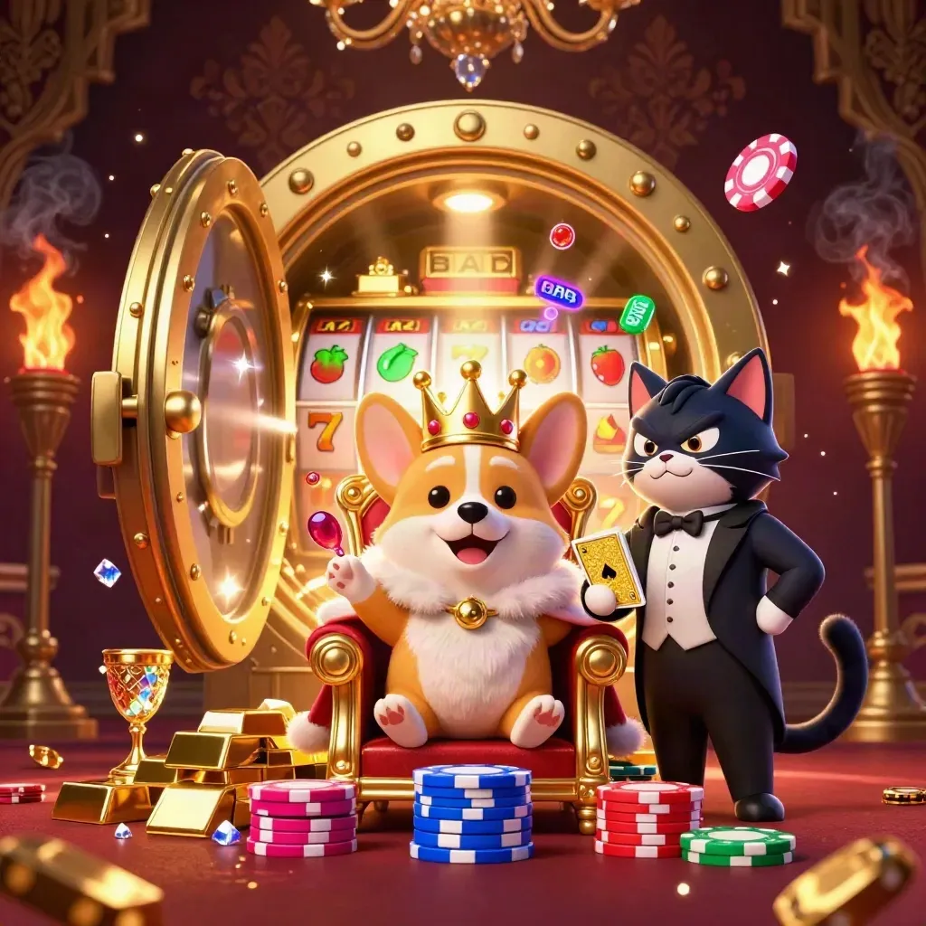 Royal corgi and cat butler on poker-chip throne before an opening vault, gold and neon casino chaos