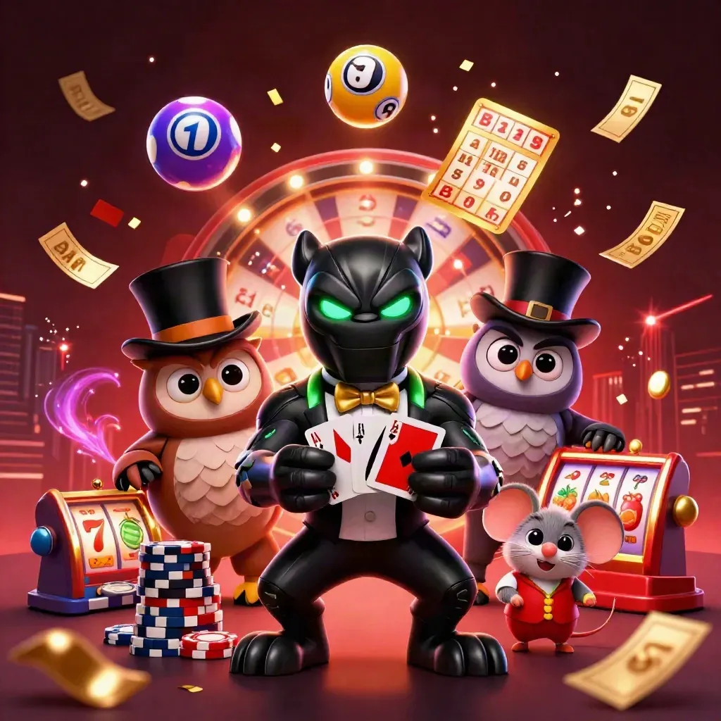 Black panther, owl, and mouse with cards, chips, reels, and neon jackpot effects in luxe casino art.