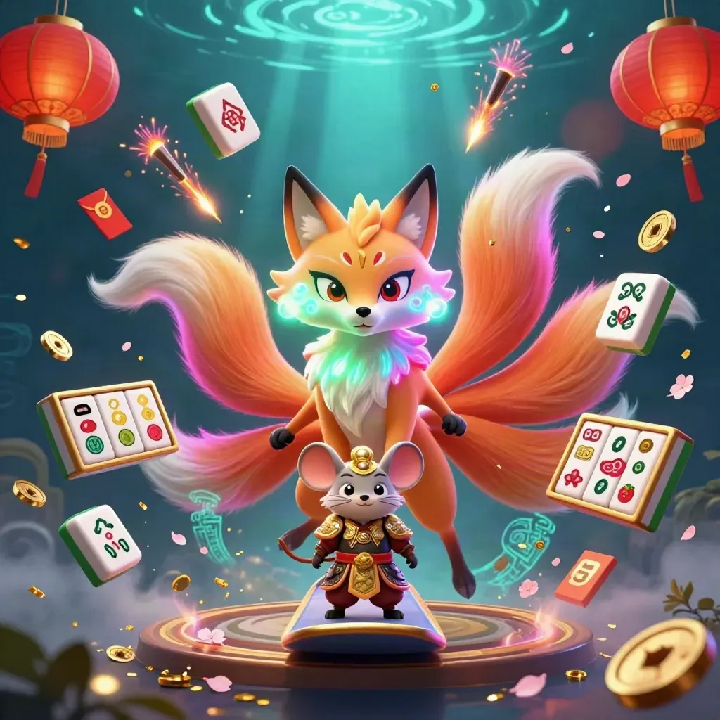 Nine-tailed fox spirit and armored mouse amid neon casino talismans, lanterns, coins, and slot symbols.