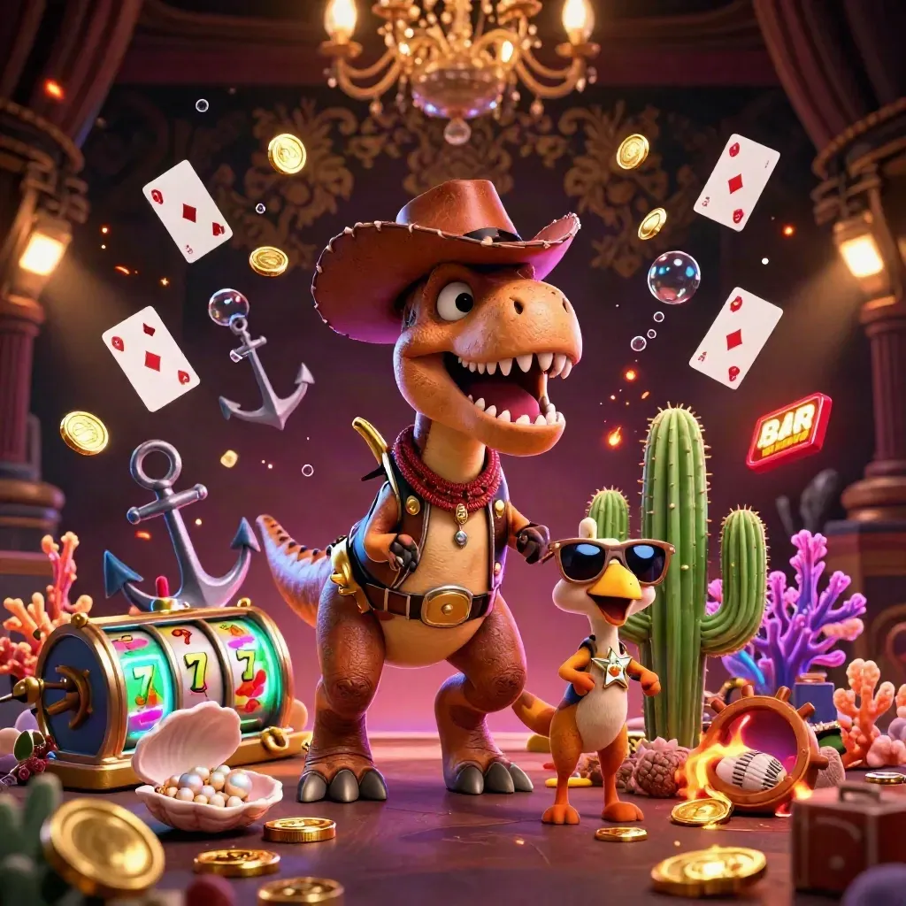 Cowboy T-Rex, cactus sidekick, and sheriff roadrunner amid neon casino treasure and lights