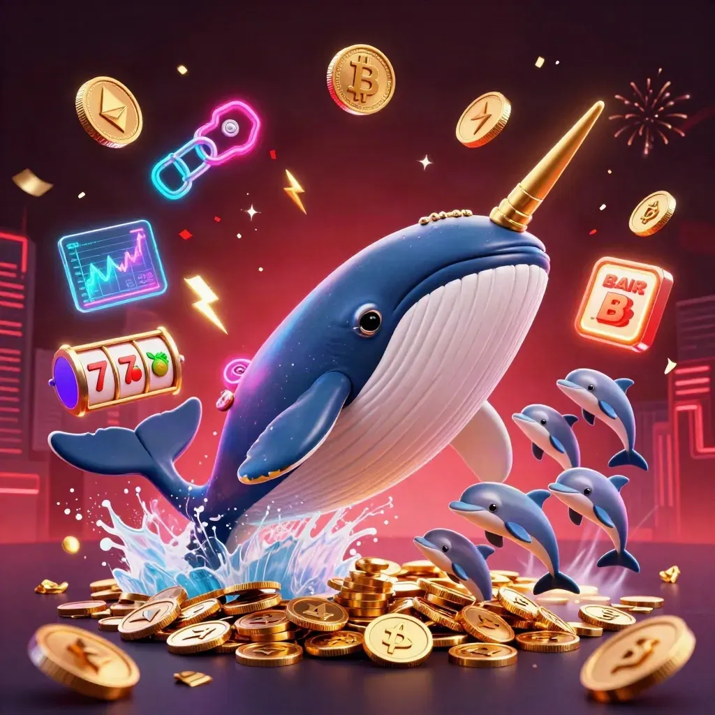 Whale, narwhal, and dolphins amid neon coins, reels, confetti, and a dark casino skyline.