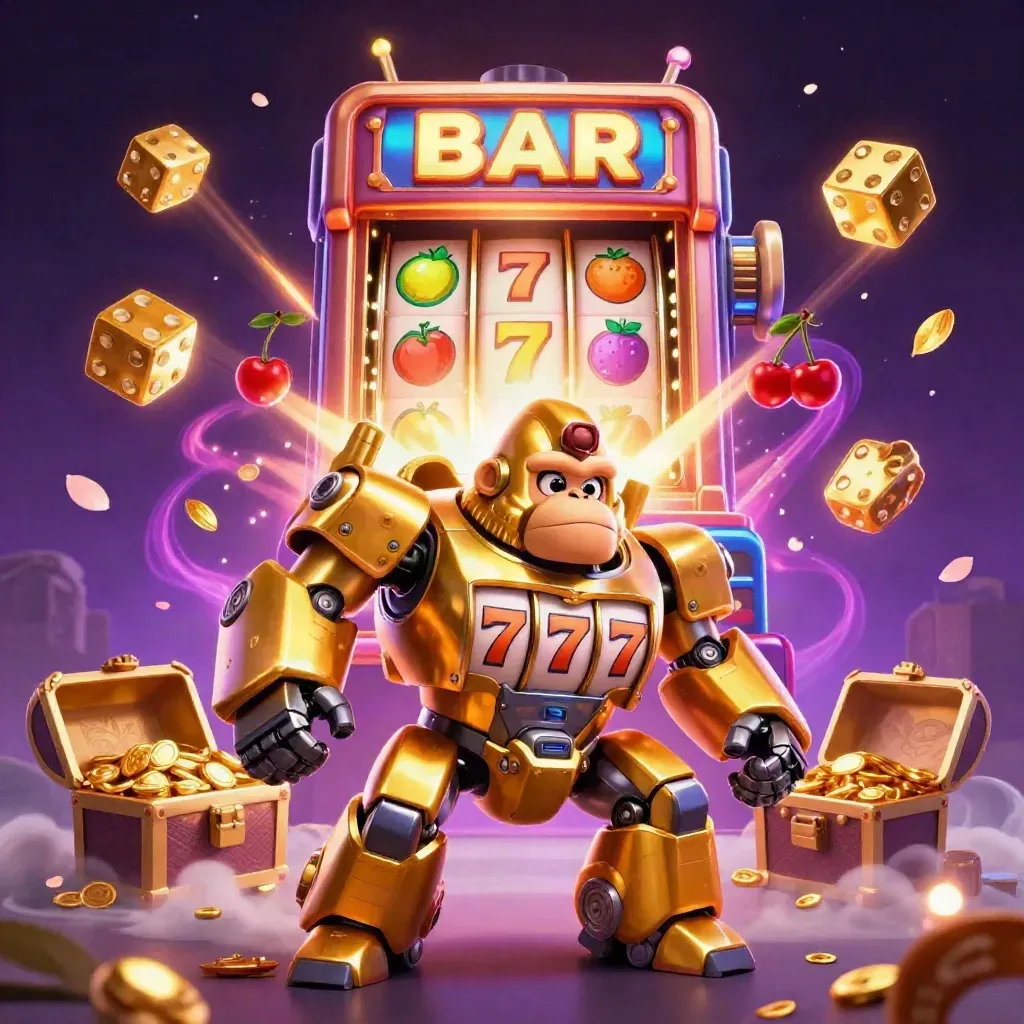 Golden gorilla mech with monkey pilot amid slot reels, jackpot burst, gold and neon casino effects