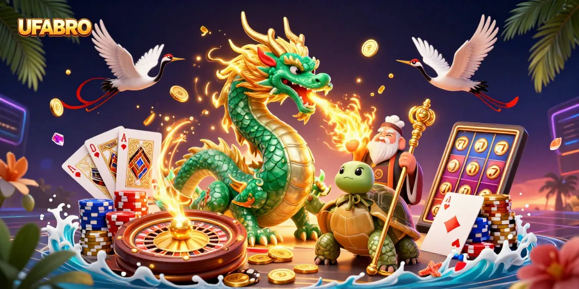 Experience thrilling gameplay with UFABRO, featuring vibrant dragons and lucky cranes in a dynamic casino scene.