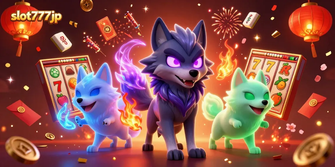 Engage in slot777jp excitement with a dynamic scene featuring a wolf pack and vibrant casino elements.