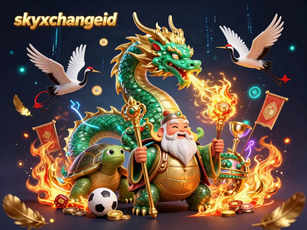 Engage in thrilling bets with skyxchangeid featuring a jade dragon, lucky cranes, and sports elements.