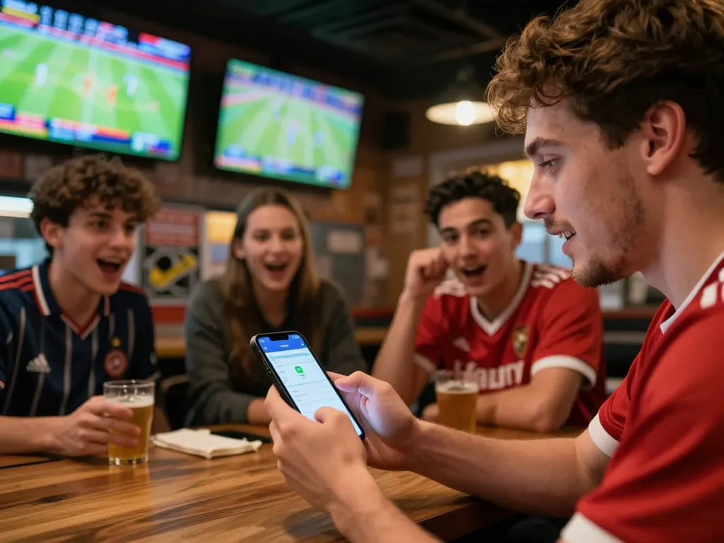 Excited sports bettor analyzing tỷ lệ bóng đá kèo nhà cái on mobile app in a lively sports bar atmosphere