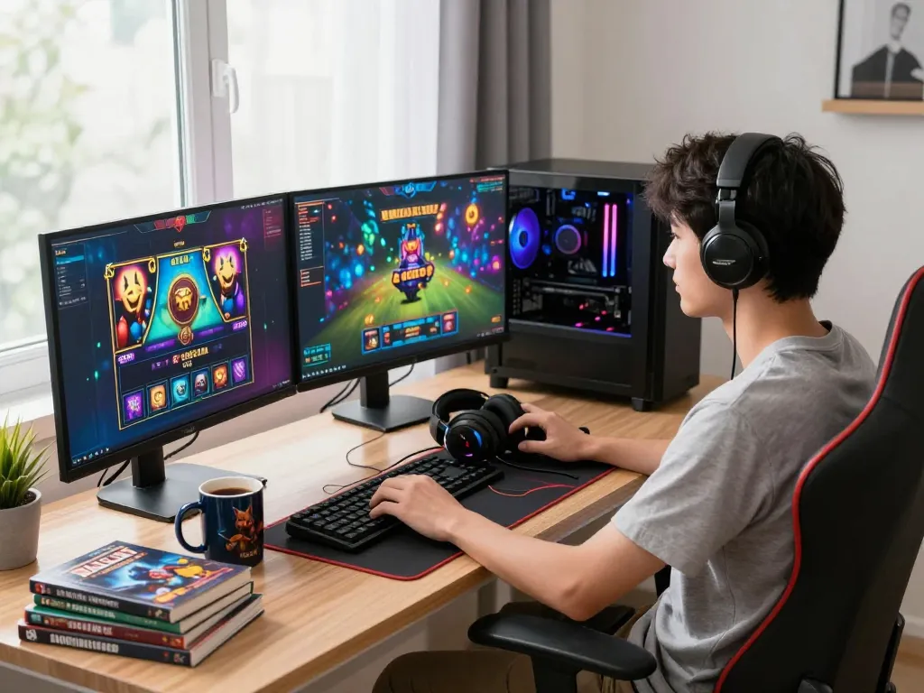 Engaging gaming environment showcasing slot gacor games on multiple screens with a gamer focused on an illuminated setup.