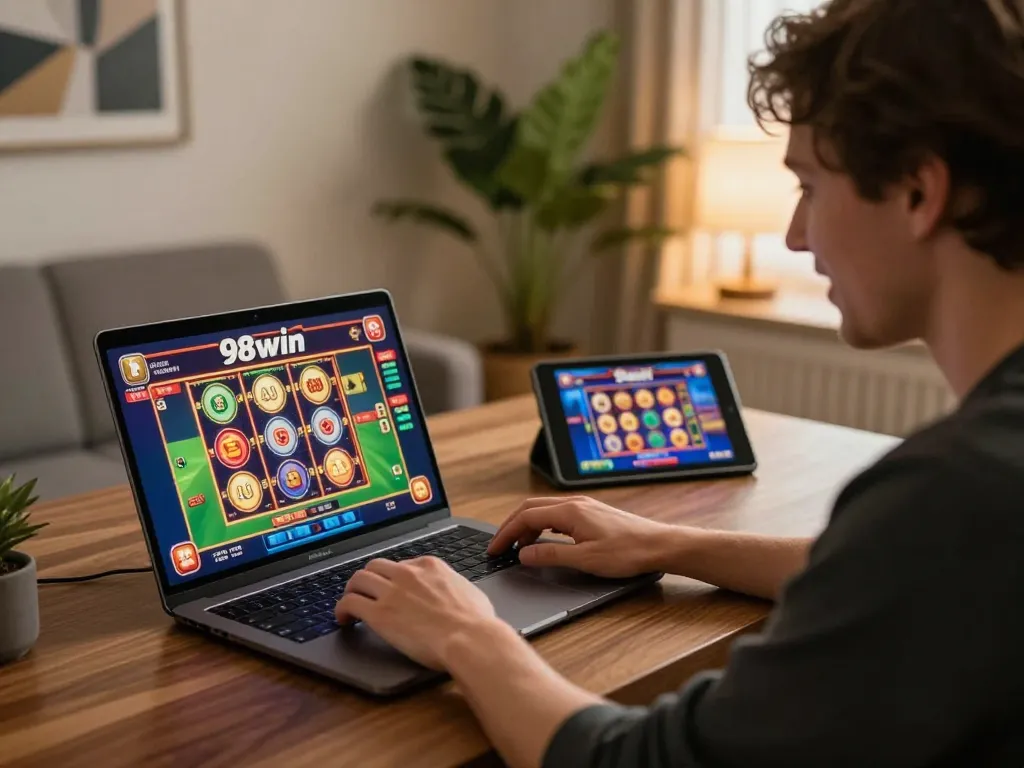 Engaging player enjoying 98win online casino gameplay using laptop and tablet in a stylish home setting.