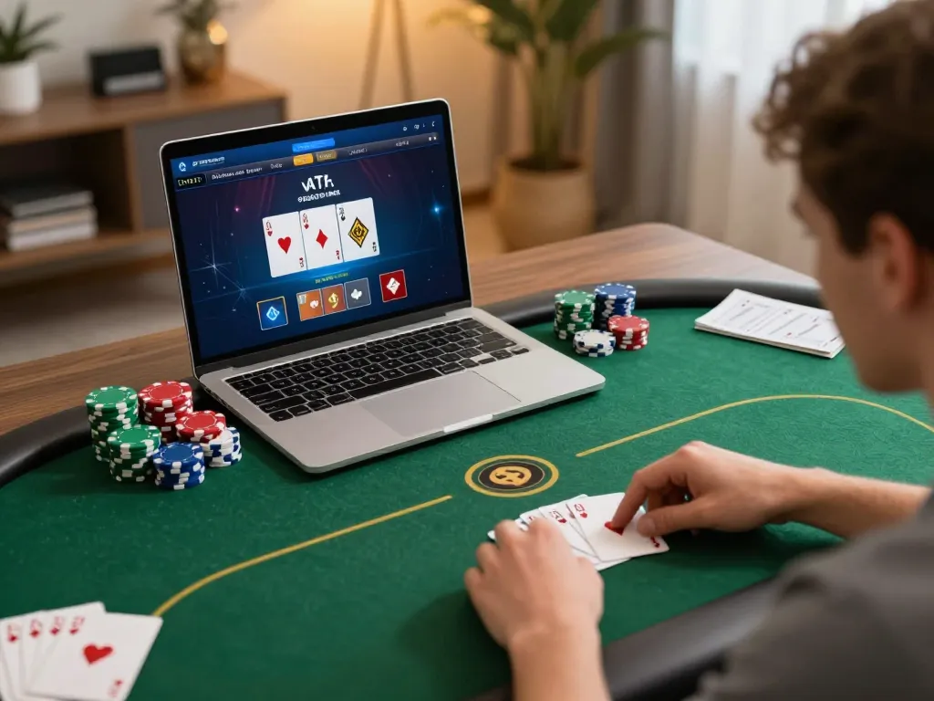 77WIN players enjoying an immersive online poker game in a cozy home setup, focusing on strategy and gameplay.