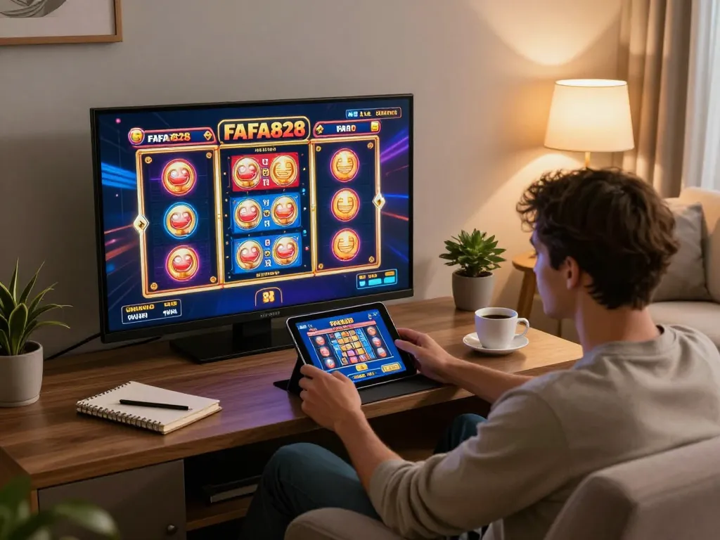 Player enjoying FAFA828 slots on a tablet in a cozy home setting