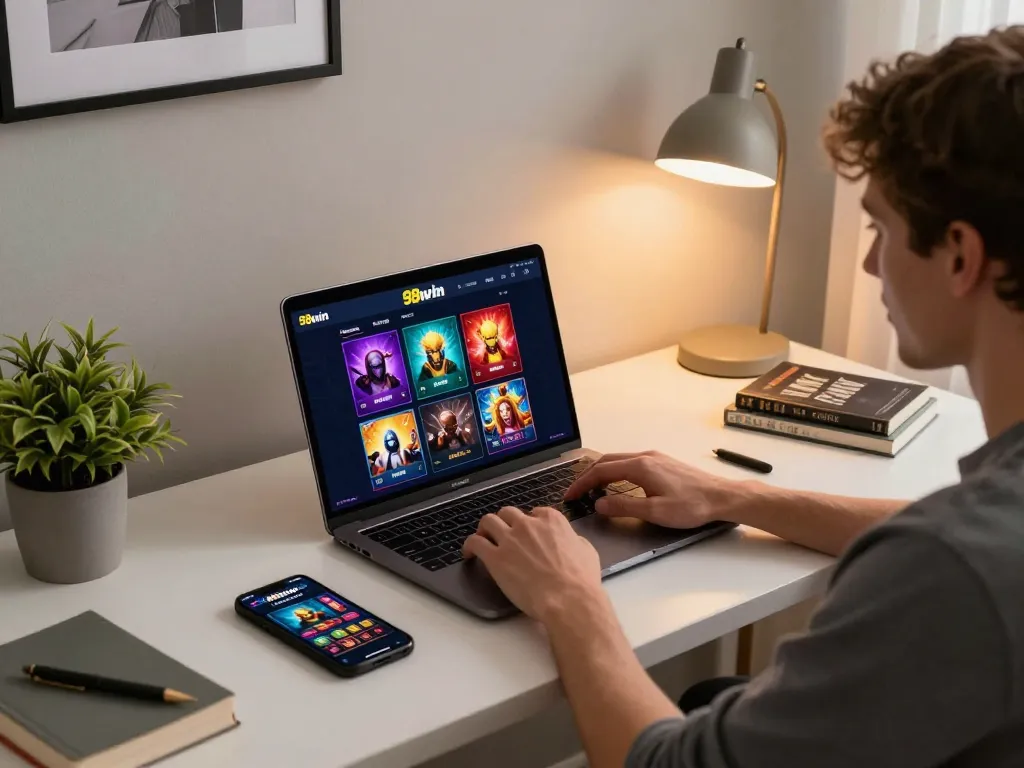 Engaged in strategic gaming at 98win trang chu, user explores vibrant options on laptop, showcasing responsible gambling.