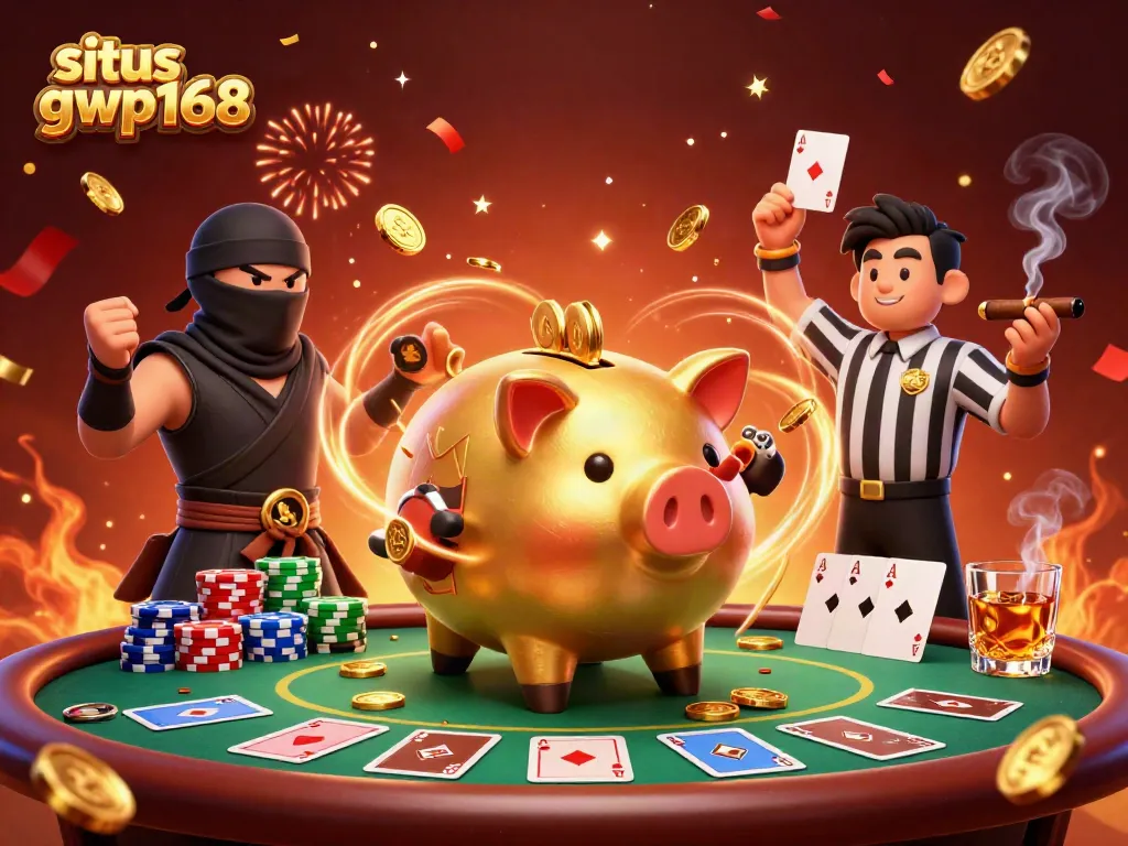 Menghadirkan suasana kasino dengan piggy bank emas besar, ninja dompet, dan wasit samurai, menunjukkan situs gwp168 dengan poker dan perayaan koin emas.