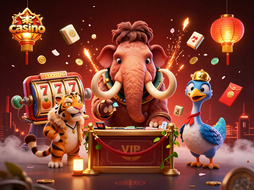 Casino bouncer checking IDs while a saber-tooth tiger and dodo bird welcome guests amidst slot games.