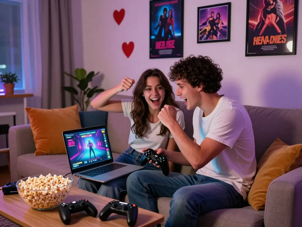 Young couple enjoying an interactive sex game in a cozy living room.