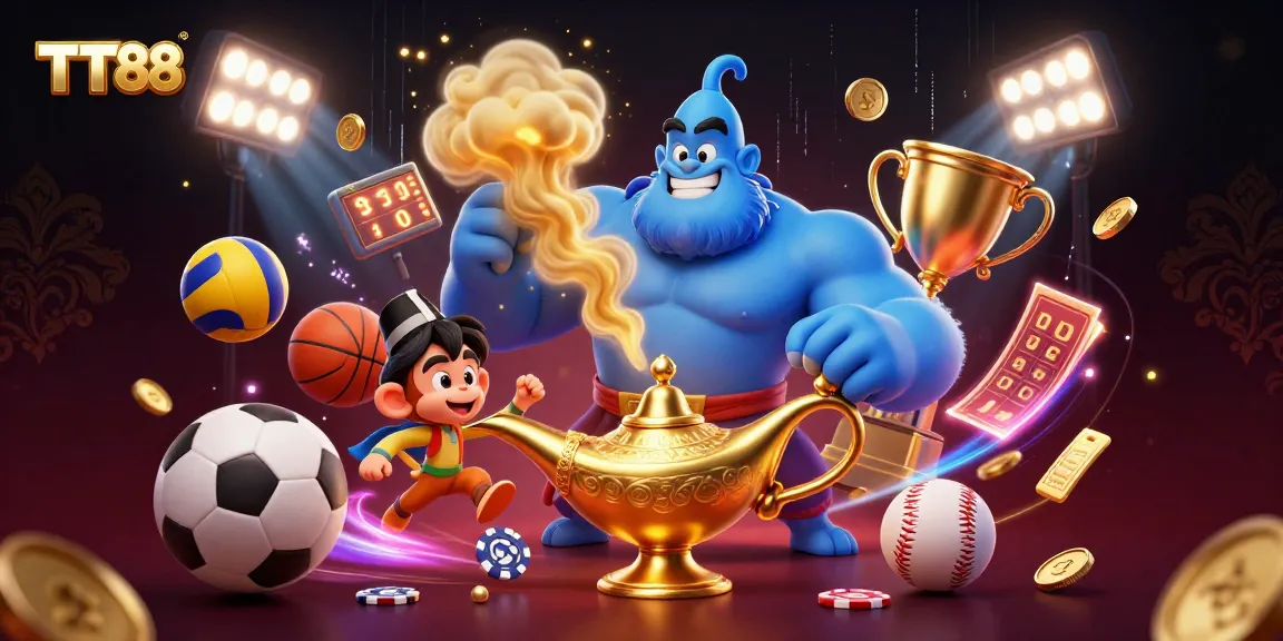 Win big with TT88's vibrant 3D scene featuring a genie, magic, and dynamic sports elements.