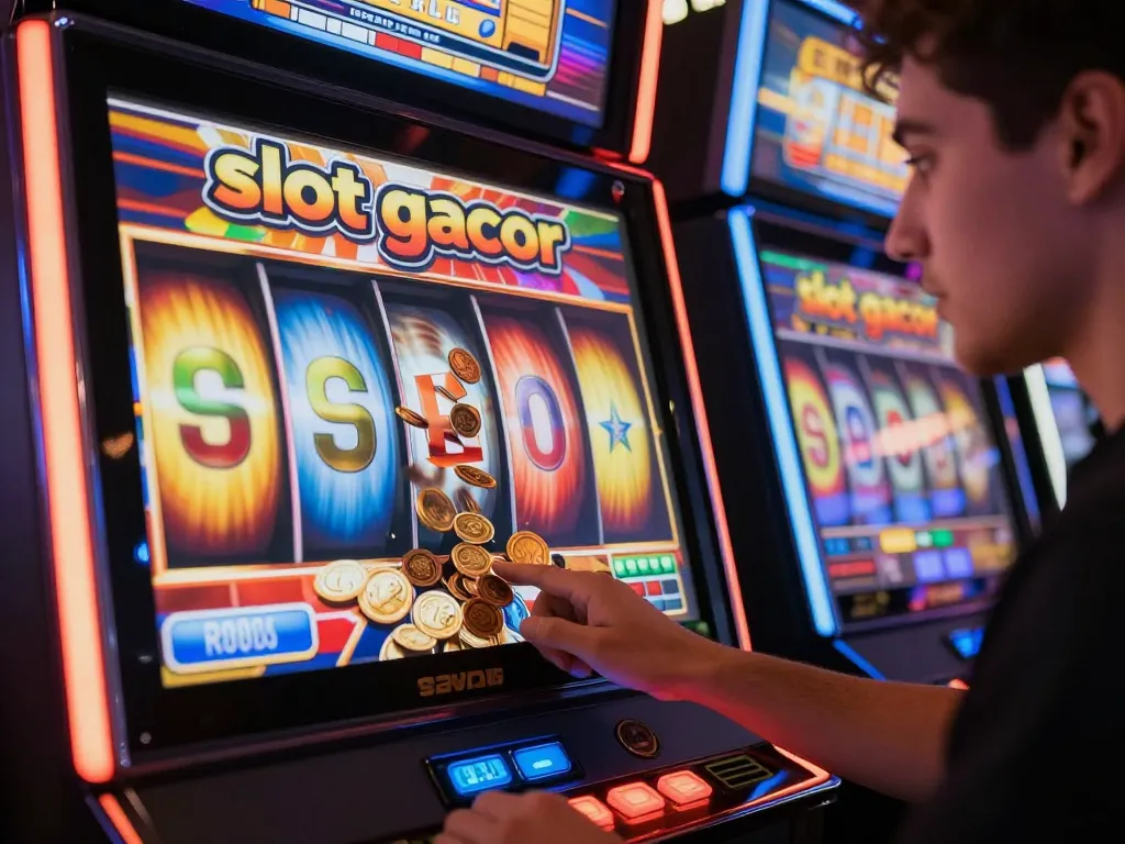 Player engaging with slot gacor machine, vibrant reels and coins spilling, exciting casino environment.