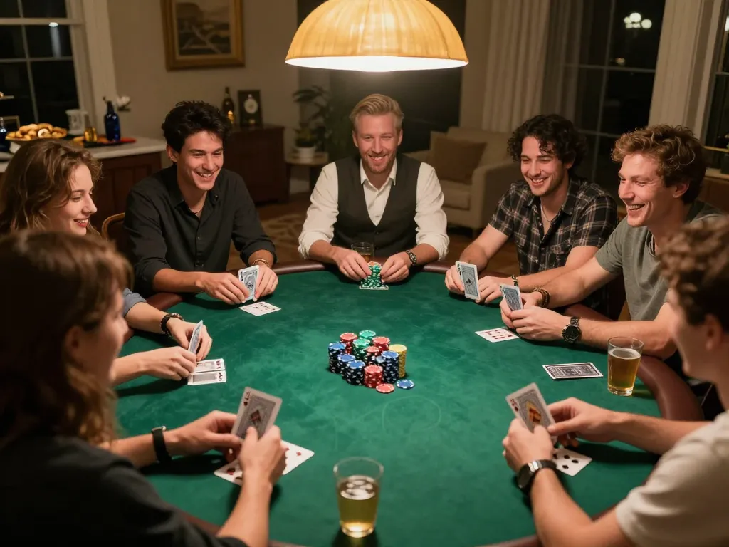 Friends enjoy an exciting poker game at home with strategic gameplay and vibrant SC88 atmosphere.