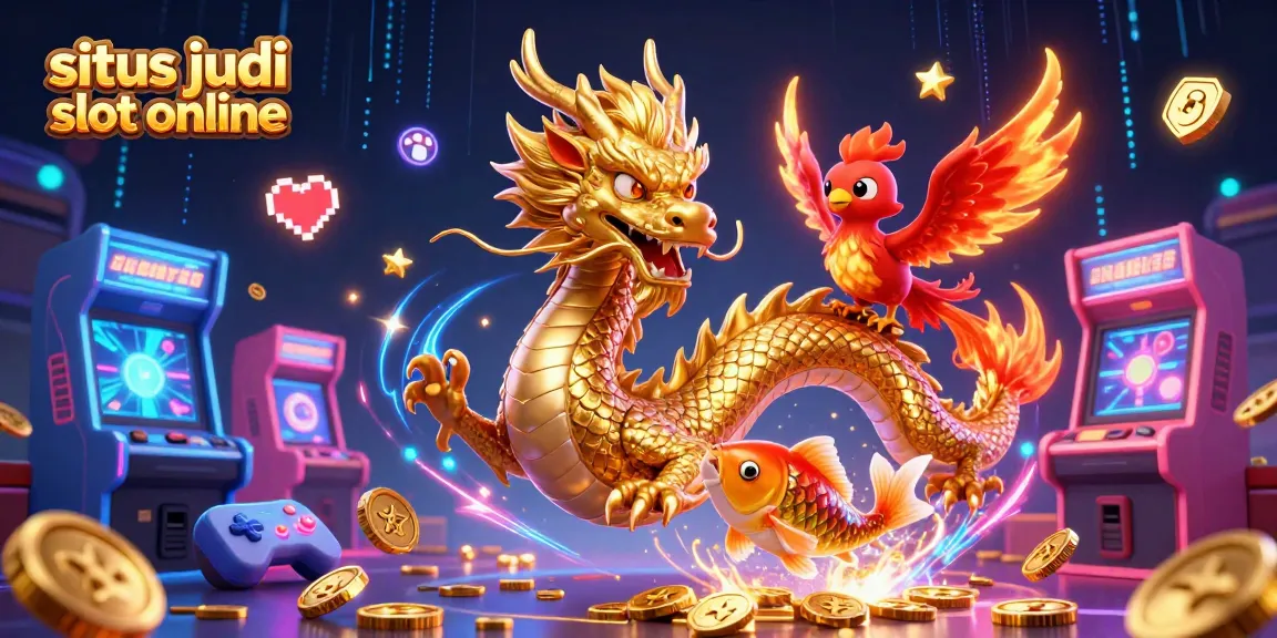 Gempuran situs judi slot online dengan kreasi slot penuh warna dan koi emas melompat di sekitar.