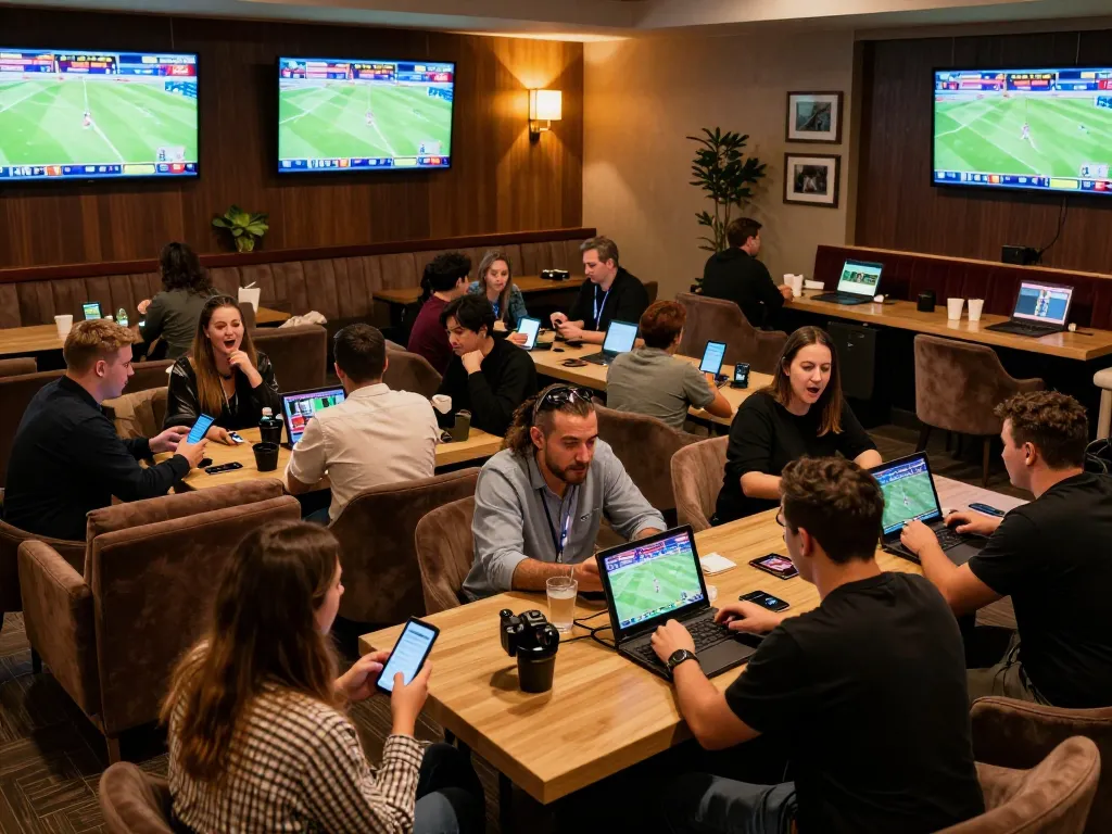 Soi kèo betting action captured in a lively sports lounge with friends placing bets on live matches.