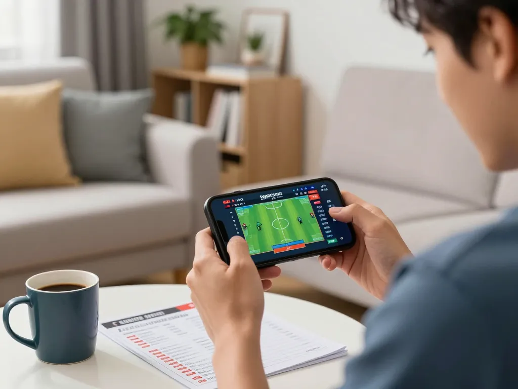 Player placing bets on lc88 sports betting app in a cozy home setting with notes.