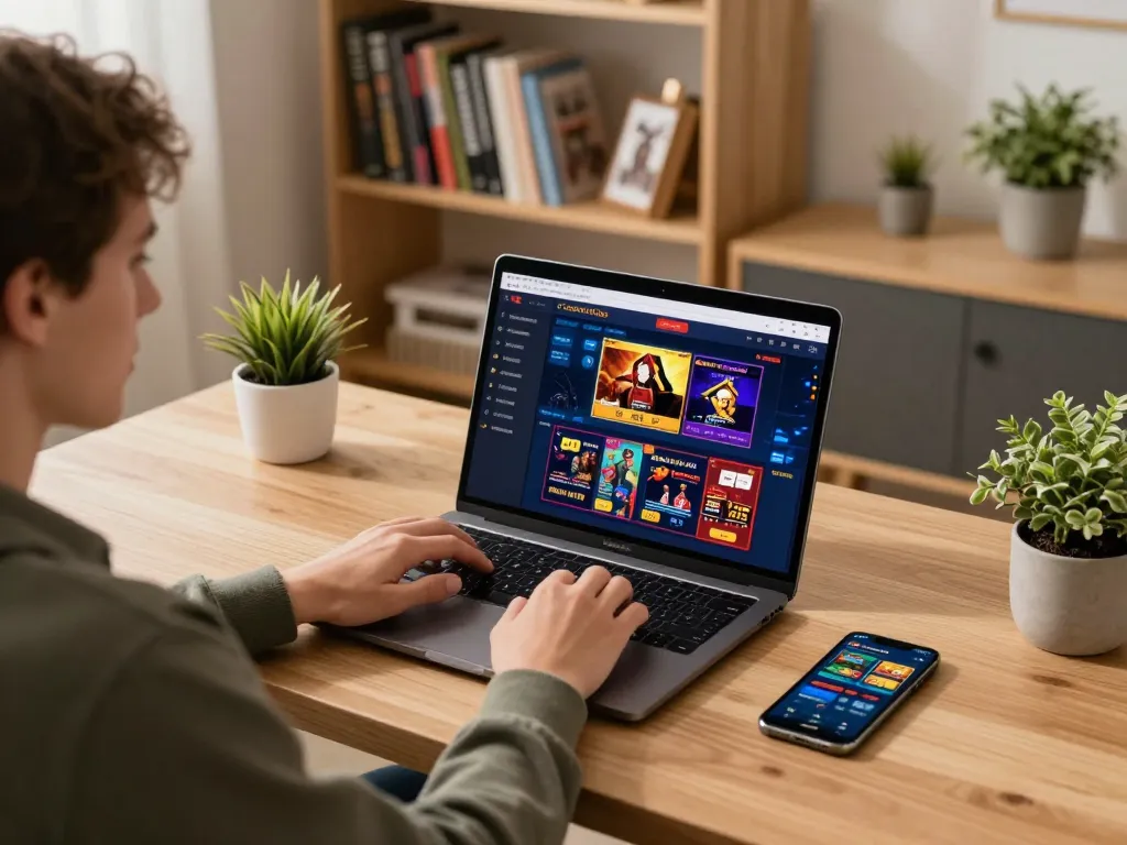CasinoAtlas user engaging in online games at home with a laptop and betting app.