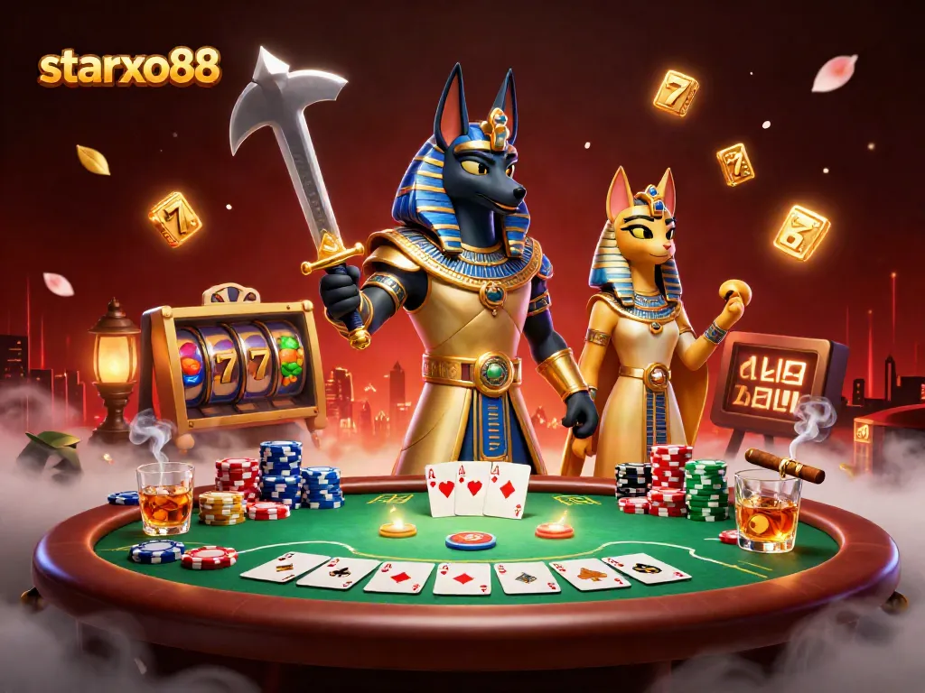 Experience the thrill of starxo88 with Anubis and Bastet at a vibrant poker scene.