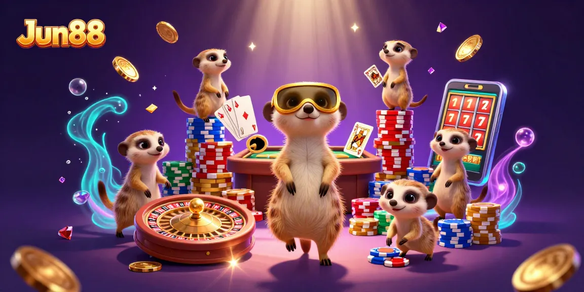 Experience the excitement of Jun88 with meerkats running a vibrant casino, showcasing dynamic games.