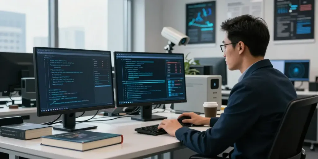 Cybersecurity analyst reviewing the hidden wiki dark web traffic patterns in a modern office.